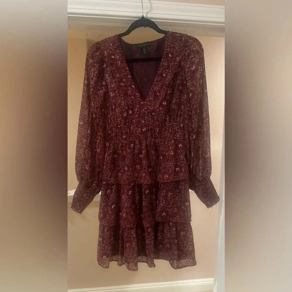 HOUSE OF‎ HARLOW 1960 Tiered Ruffle Purple Multicolor Lined Short Dress. Size 6.